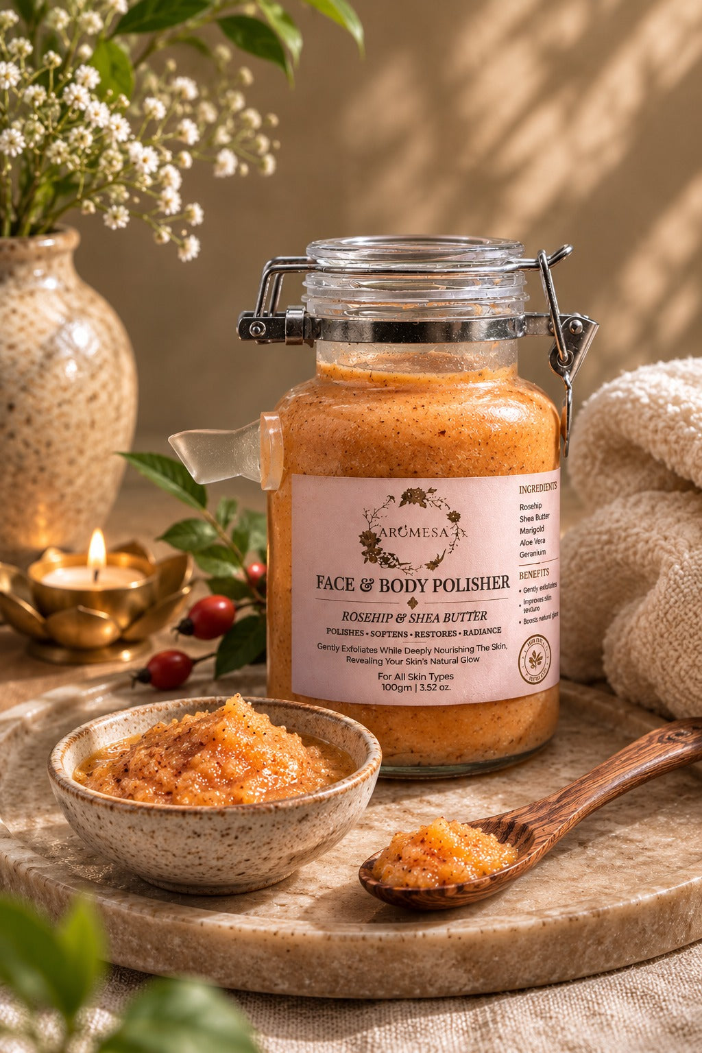 Natural Face and Body Polisher – Exfoliating Scrub with Rosehip Oil (100 gm)