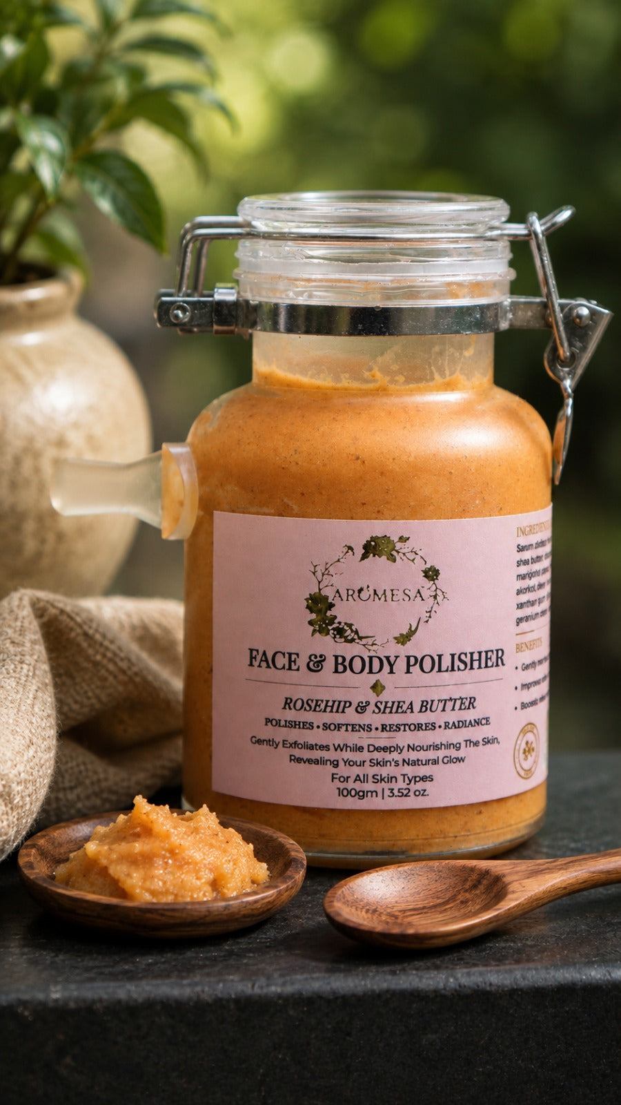 Natural Face and Body Polisher – Exfoliating Scrub with Rosehip Oil (100 gm)